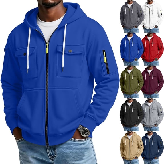 Zip Up Hoodies for Men,Multi Pocket Cargo Hoodie,Long Sleeve Solid Color Sweatshirt for Office Smart Casual