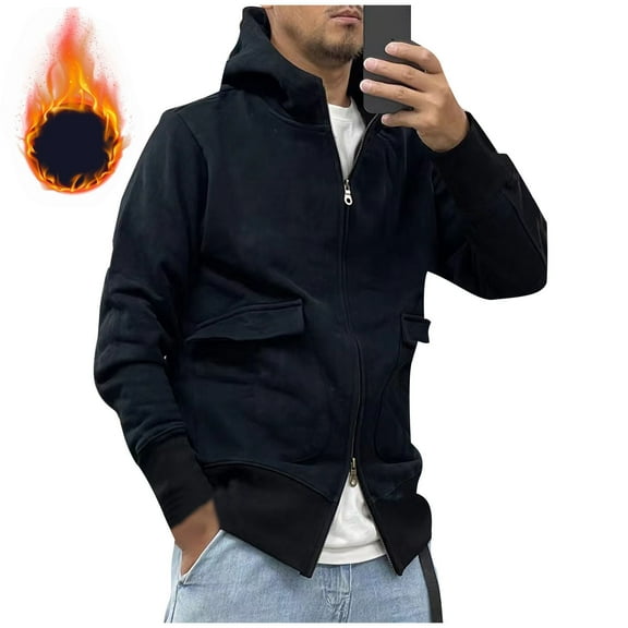 Zip Up Hoodies for Men with Pockets Fleece Lined Long Sleeve Sweatshirts Casual Solid Color Thermal Warm Going Out Outerwear Jackets with Hoodie