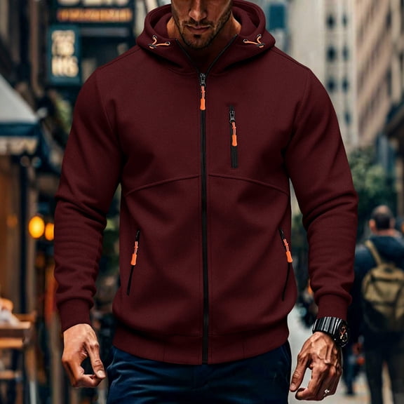 Zip Up Hoodies for Men with Zipper Pockets Fleece Lined Sweatshirts Mens Casual Solid Color Long Sleeve Thermal Warm Athletic Workout Jackets & Coats