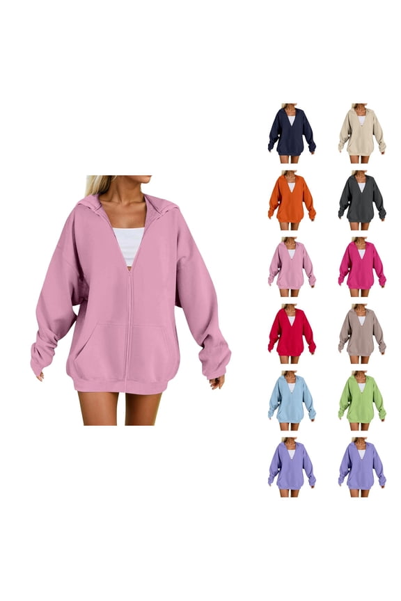 Zip Up Hoodie Long Sleeve Solid Plain Jacket Hooded Sweatshirt with Pockets Pullover Essentials Hoodies for Women
