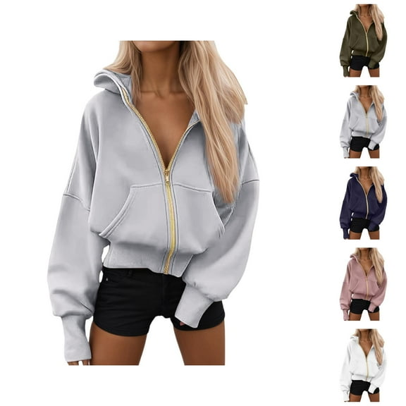 Zip Up Hoodies for Women 2025 Long Sleeve Loose Plain Essentials Hoodie with Pockets Hooded Sweatshirt Women Jacket
