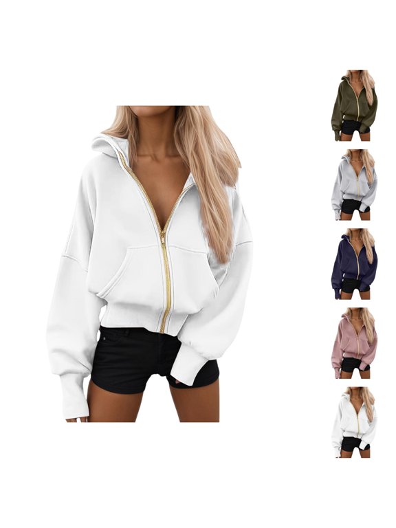 Zip Up Hoodies for Women 2025 Long Sleeve Loose Plain Essentials Hoodie with Pockets Hooded Sweatshirt Women Jacket