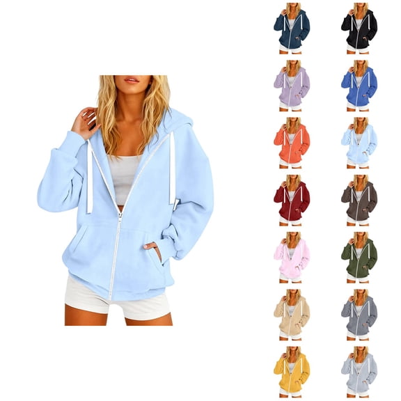 Zip Up Hoodies for Women 2025 Long Sleeve Zipper Plain Hooded Sweatshirt with Pockets Jacket Coat Outerwear