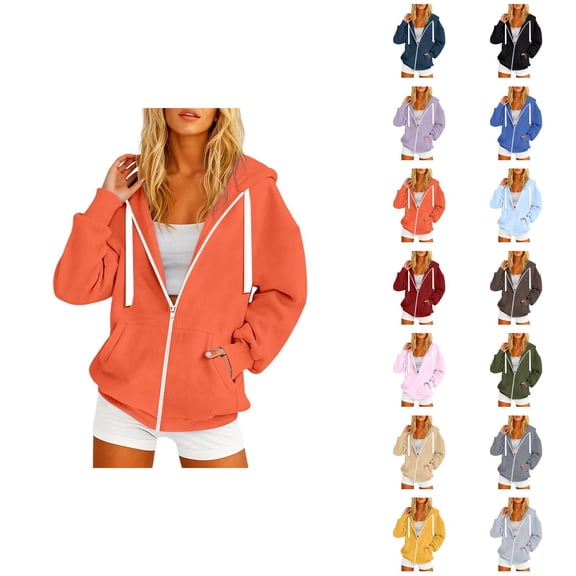 Zip Up Hoodies for Women 2025 Long Sleeve Zipper Plain Hooded Sweatshirt with Pockets Jacket Coat Outerwear