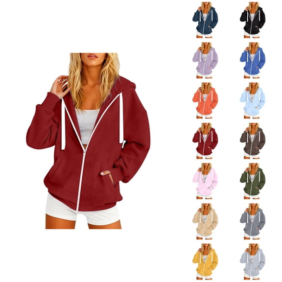 Zip Up Hoodies for Women 2025 Long Sleeve Zipper Plain Hooded Sweatshirt with Pockets Jacket Coat Outerwear