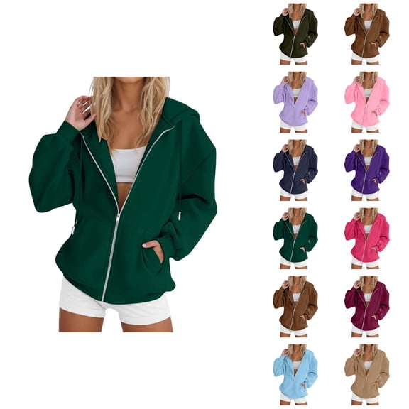 Zip Up Hoodies for Women 2026 Fall Winter Basic Casual Long Sleeve Hooded Sweatshirt Jacket Coat Outerwear with Pockets