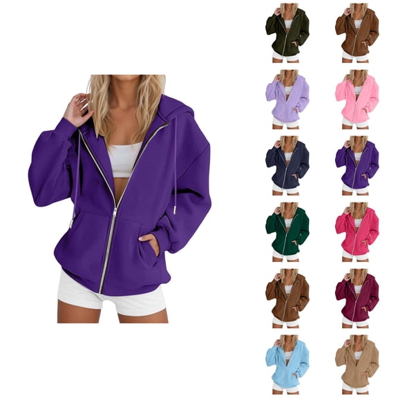 Zip Up Hoodies for Women 2026 Fall Winter Basic Casual Long Sleeve Hooded Sweatshirt Jacket Coat Outerwear with Pockets