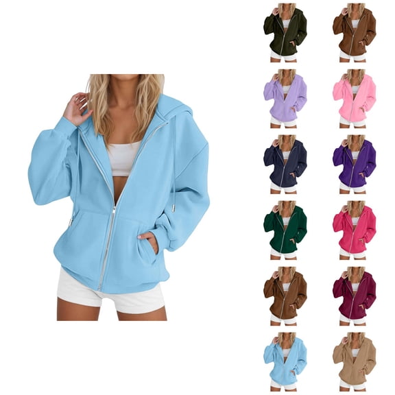 Zip Up Hoodies for Women 2026 Fall Winter Basic Casual Long Sleeve Hooded Sweatshirt Jacket Coat Outerwear with Pockets