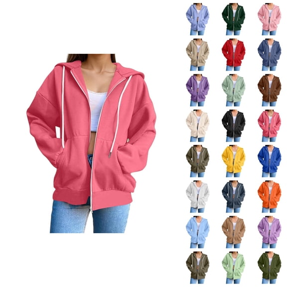 Zip Up Hoodies for Women 2026 Fall Winter Fashion Long Sleeve Plain Hoodie Sweatshirt Jacket Coat Outerwear with Pockets