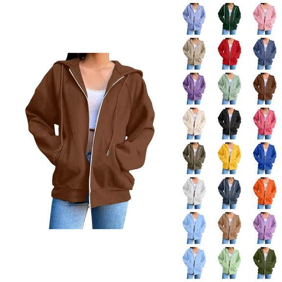 Zip Up Hoodies for Women 2026 Fall Winter Fashion Long Sleeve Plain Hoodie Sweatshirt Jacket Coat Outerwear with Pockets