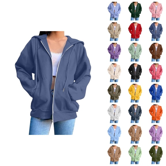 Zip Up Hoodies for Women 2026 Fall Winter Fashion Long Sleeve Plain Hoodie Sweatshirt Jacket Coat Outerwear with Pockets