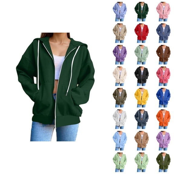 Zip Up Hoodies for Women 2026 Fall Winter Fashion Long Sleeve Plain Hoodie Sweatshirt Jacket Coat Outerwear with Pockets