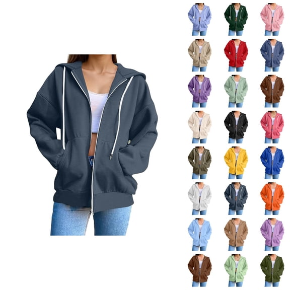 Zip Up Hoodies for Women 2026 Fall Winter Fashion Long Sleeve Plain Hoodie Sweatshirt Jacket Coat Outerwear with Pockets