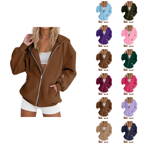 Zip Up Hoodies for Women 2026 Fall Winter Solid Color Casual Long Sleeve Hoodie Sweatshirt Jacket Coat Outerwear with Pockets