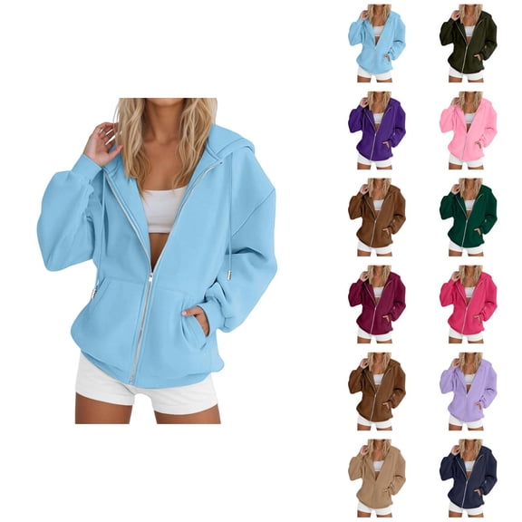 Zip Up Hoodies for Women 2026 Fall Winter Solid Color Casual Long Sleeve Hoodie Sweatshirt Jacket Coat Outerwear with Pockets