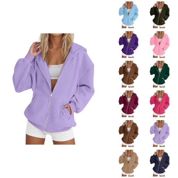 Zip Up Hoodies for Women 2026 Fall Winter Solid Color Casual Long Sleeve Hoodie Sweatshirt Jacket Coat Outerwear with Pockets