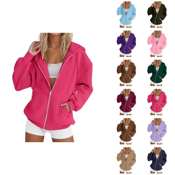 Zip Up Hoodies for Women 2026 Fall Winter Solid Color Casual Long Sleeve Hoodie Sweatshirt Jacket Coat Outerwear with Pockets
