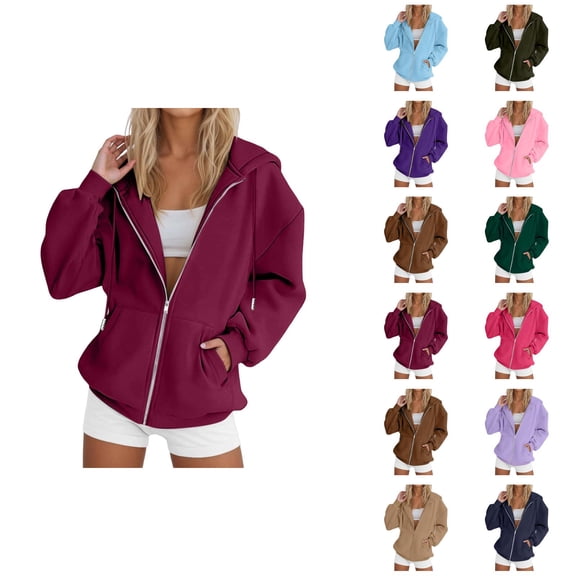 Zip Up Hoodies for Women 2026 Fall Winter Solid Color Casual Long Sleeve Hoodie Sweatshirt Jacket Coat Outerwear with Pockets