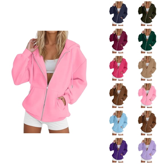Zip Up Hoodies for Women 2026 Fall Winter Solid Color Long Sleeve Casual Hoodie Sweatshirt with Pockets Jacket Coat Outerwear