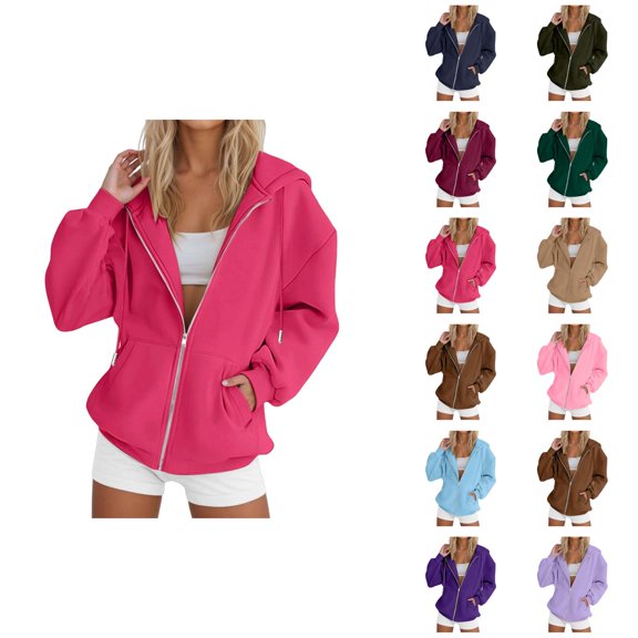Zip Up Hoodies for Women 2026 Fall Winter Solid Color Long Sleeve Casual Hoodie Sweatshirt with Pockets Jacket Coat Outerwear