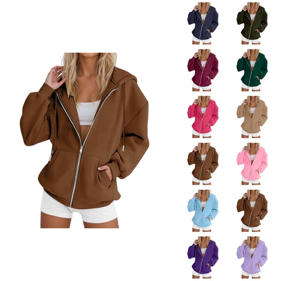 Zip Up Hoodies for Women 2026 Fall Winter Solid Color Long Sleeve Casual Hoodie Sweatshirt with Pockets Jacket Coat Outerwear
