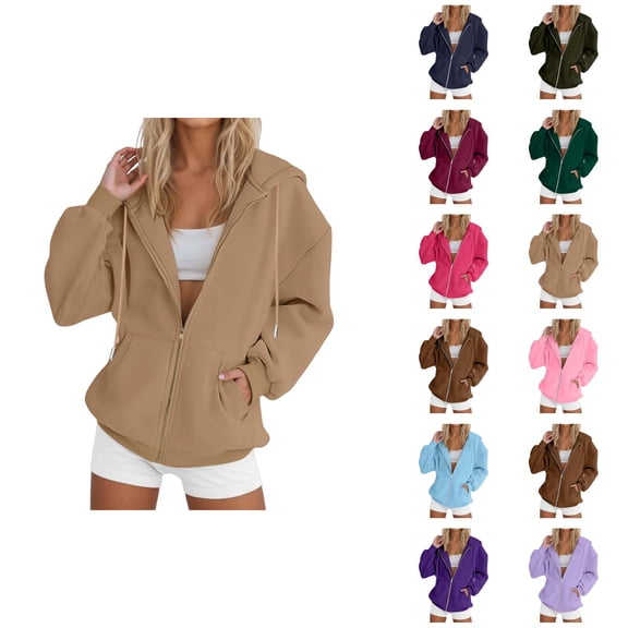 Zip Up Hoodies for Women 2026 Fall Winter Solid Color Long Sleeve Casual Hoodie Sweatshirt with Pockets Jacket Coat Outerwear