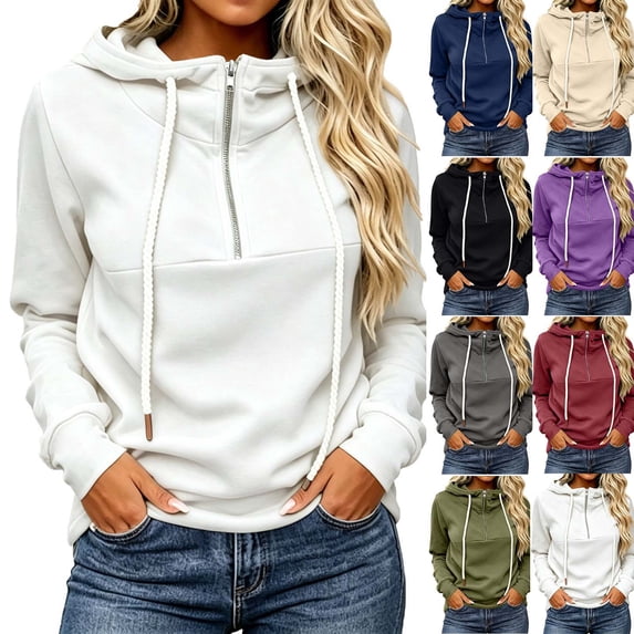 Zip Up Hoodies for Women Drawstring Casual Solid Color Long Sleeve Hooded Sweatshirt Fashion Winter Sport Tops with Pockets