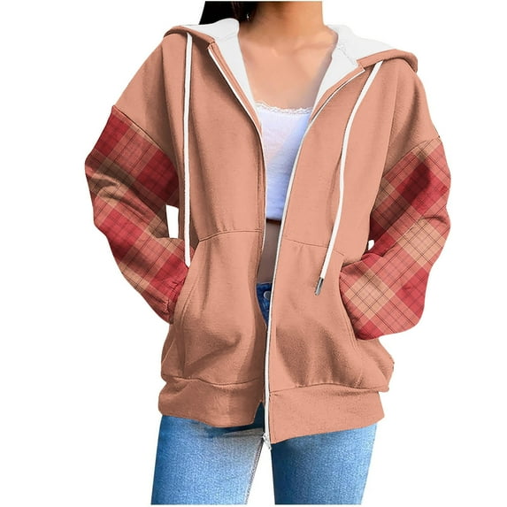 Zip Up Hoodies for Women Drawstring Soft Jackets Plaid Long Sleeve Casual Winter Sweatshirts with Pocket