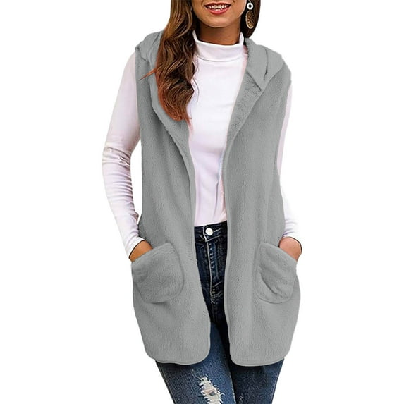 Zip Up Hoodies for Women Fleece Jackets Solid Casual Tops Sleeveless Hooded Fleece Blanket Jacket With Pocket Fall Outfits Outwear Coat Gray,XL