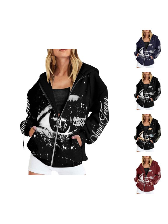 Zip Up Hoodies for Women Long Sleeve Fall Winter Funny Graphic Outerwear with Pockets Hooded Jacket