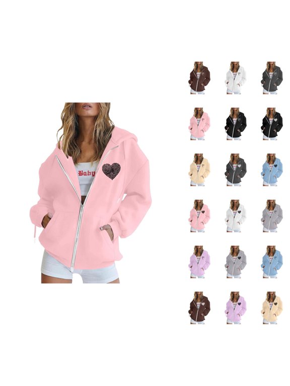 Zip Up Hoodies for Women Long Sleeve Fall Winter Heart Graphic Outerwear with Pockets Hooded Jacket
