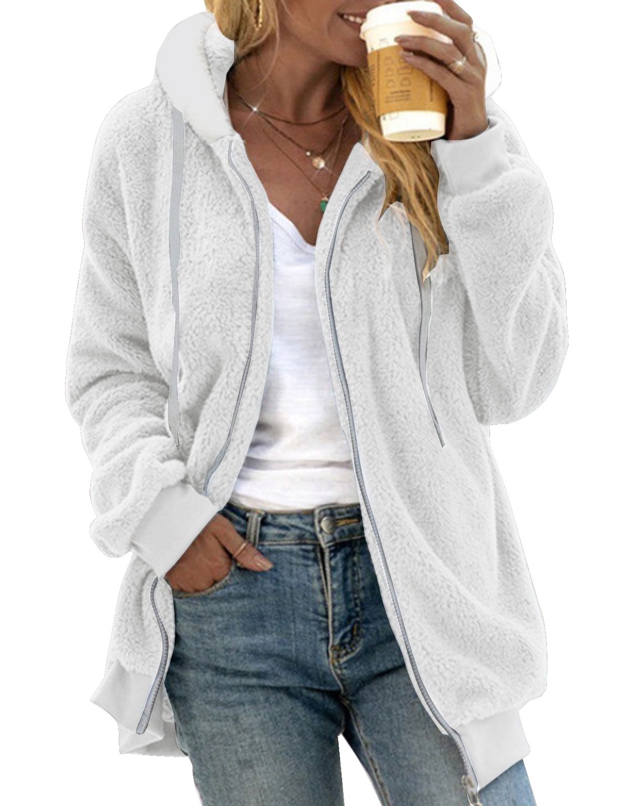 Zip Up Hoodies for Women Oversized Hooded Sherpa Shacket Jacket Fuzzy ...
