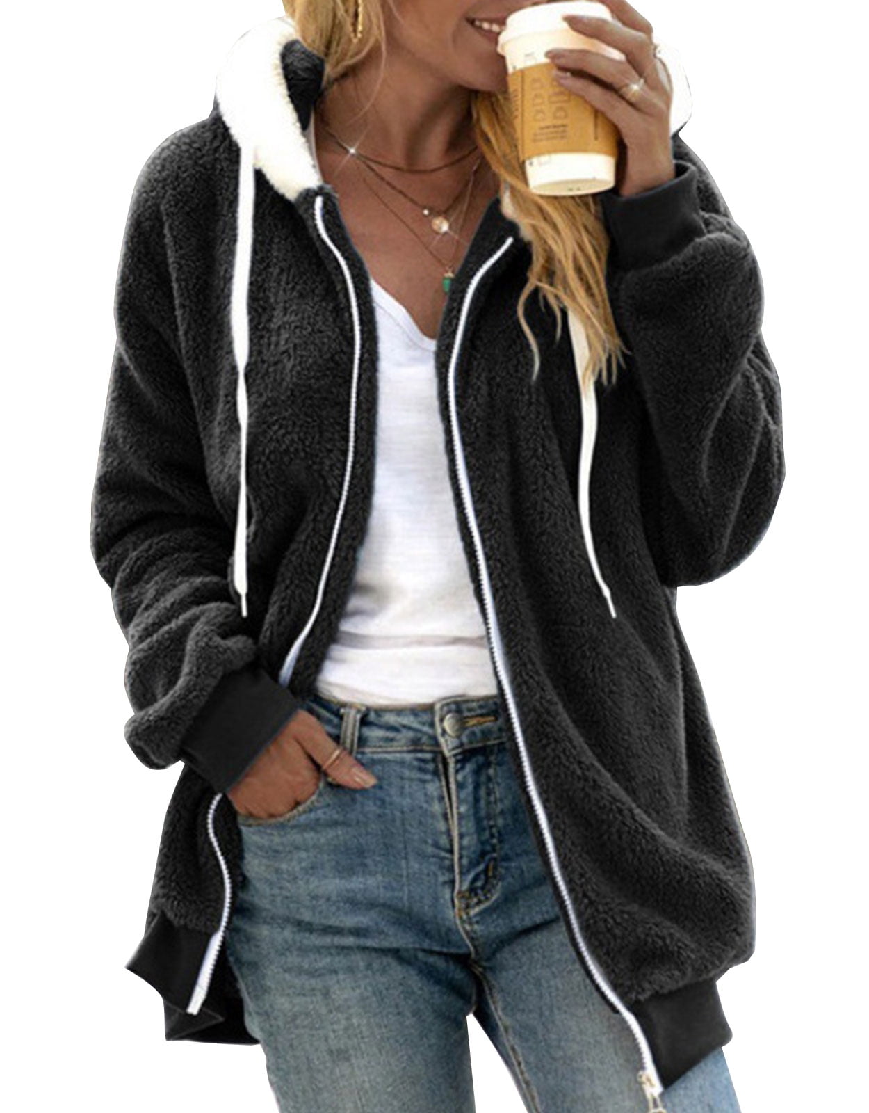 Zip Up Hoodies for Women Oversized Hooded Sherpa Shacket Jacket Fuzzy ...