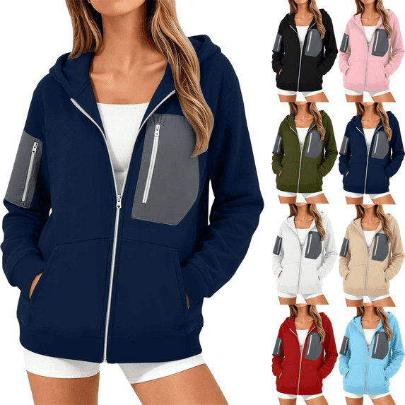 Zip Up Hoodies for Women Plus Size Block Zipper Pocket Hoodie Solid Color Long Sleeve Casual Hoodie