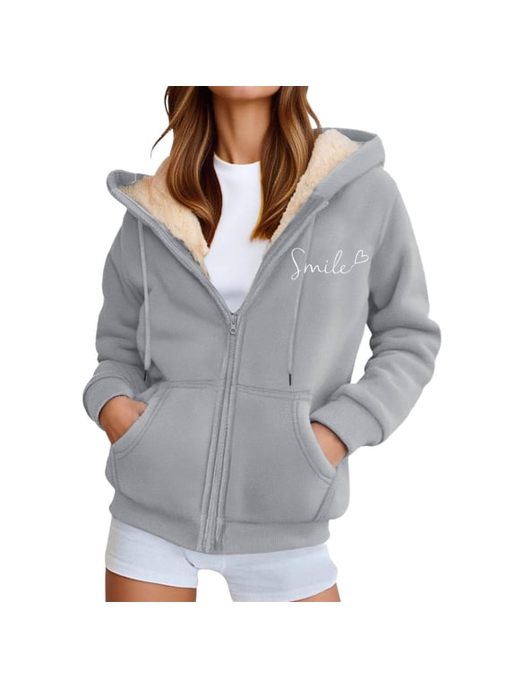 Zip Up Hoodies for Women Smile Letter Print Long Sleeve Oversized Drawstring Sweatshirt Casual Fashion Jacket with Pockets
