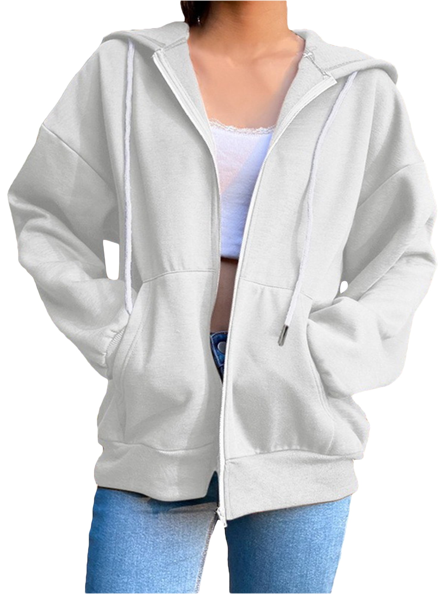 Zip Up Hoodies for Women Solid Color Oversized Hooded Sweatshirt Basic  Loose Zipper Jacket Y2k Coat Streetwear