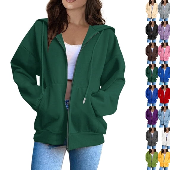 Zip Up Hoodies for Womens Oversized Fleece Plain Y2K Hoodie Jackets Athletic Zipper Hooded Sweatshirt with Pockets Dark Green XL