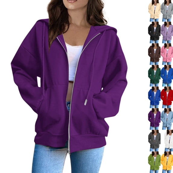 Zip Up Hoodies for Womens Oversized Fleece Plain Y2K Hoodie Jackets Athletic Zipper Hooded Sweatshirt with Pockets Dark Purple 3XL