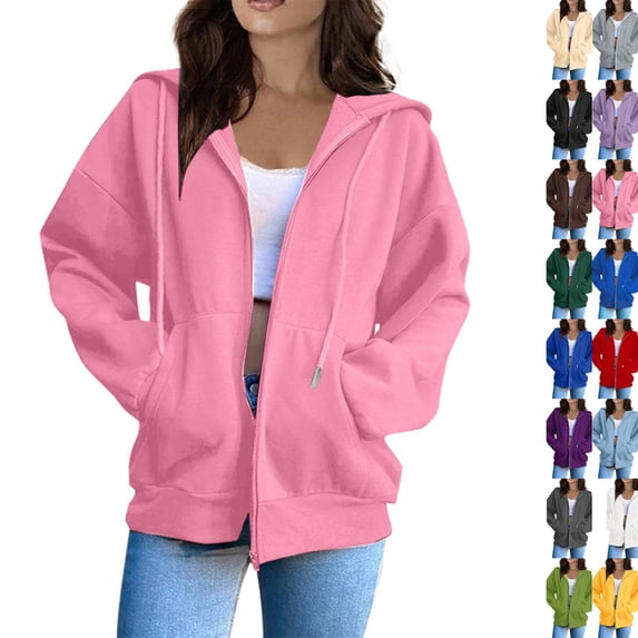 Zip Up Hoodies for Womens Oversized Fleece Plain Y2K Hoodie Jackets Athletic Zipper Hooded Sweatshirt with Pockets Pink XL