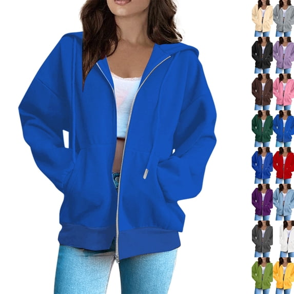 Zip Up Hoodies for Womens Oversized Fleece Plain Y2K Hoodie Jackets Athletic Zipper Hooded Sweatshirt with Pockets Royal Blue 3XL