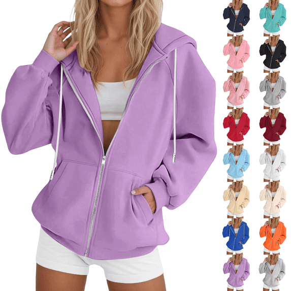 Zip Up Hoodies with Pockets Womens 2026 Fall Winter Casual Long Sleeve Hooded Sweatshirts Y2k Track Travel Jacket Purple M