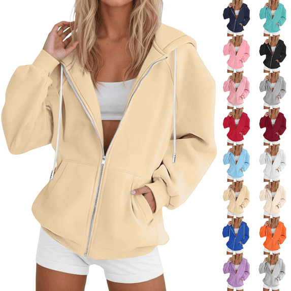 Zip Up Hoodies with Pockets Womens 2026 Fall Winter Casual Long Sleeve Hooded Sweatshirts Y2k Track Travel Jacket Yellow M