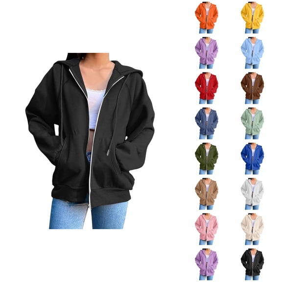 Zip Up Jacket Hoodie for Women with Pockets Long Sleeve Plain Full Zipper Sweatshirt Hoodie Cardigan Coat