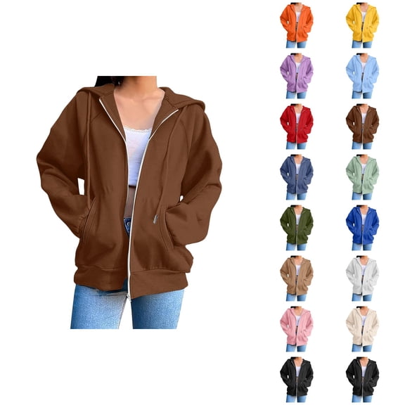 Zip Up Jacket Hoodie for Women with Pockets Long Sleeve Plain Full Zipper Sweatshirt Hoodie Cardigan Coat