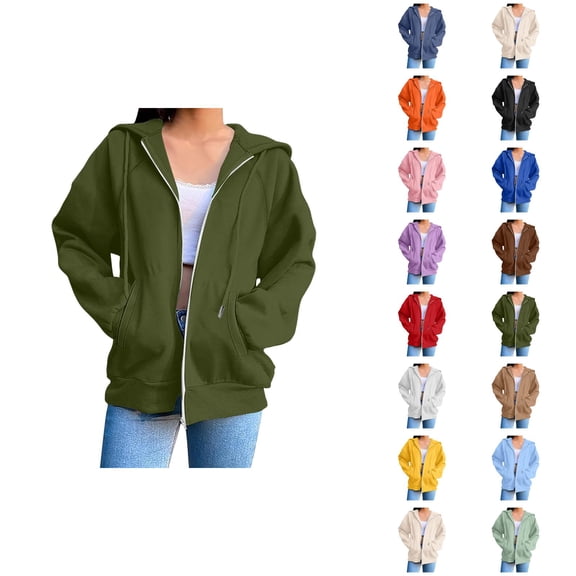 Zip Up Jacket Hoodie for Women with Pockets Long Sleeve Solid Color Cardigan Hooded Sweatshirt Cardigan Jacket