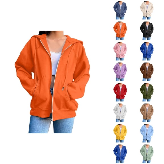 Zip Up Jacket Hoodie for Women with Pockets Long Sleeve Solid Color Cardigan Hooded Sweatshirt Cardigan Jacket