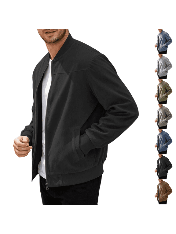 Zip Up Jacket Men Casual Lightweight Faux Suede Flight Coat Autumn Winter Fashion Business Commute Outwear Black 2XL