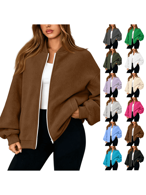 Zip Up Jacket No Hood Casual Spring Fall Lightweight Oversized Bomber Jacket Women Hoodless Sweat Jacket Brown XL