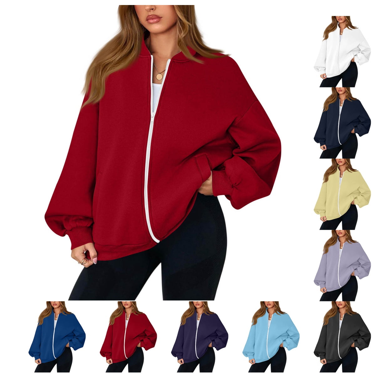 Zip Up Jacket No Hood Casual Spring Fall Lightweight Oversized Long ...
