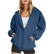 JEWELREAUTY Zip Up Jacket No Hood Womens Trendy Long Sleeve Fleece Lined Cotton Baggy Sweatshirt Jackets Fall Casual Coat (XL, Dark Blue)